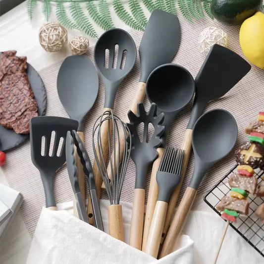 12PCS Silicone Kitchen Utensil Set with Wooden Handles