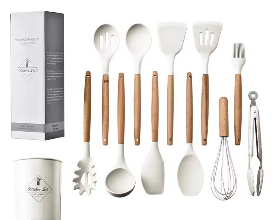 12PCS Silicone Kitchen Utensil Set with Wooden Handles