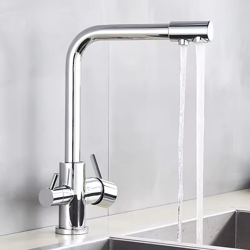 Chrome Kitchen Faucet Double Swivel Spout