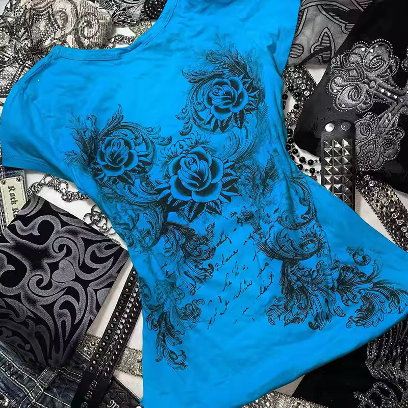 Women’s Y2K Grunge Rhinestone Heart Rose T-Shirt