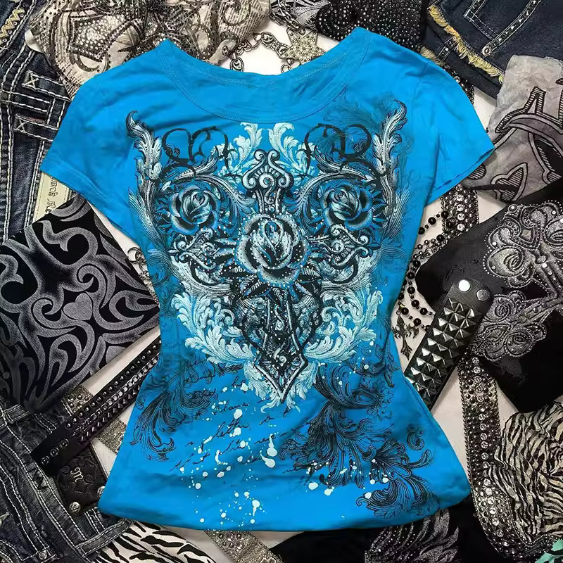 Women’s Y2K Grunge Rhinestone Heart Rose T-Shirt