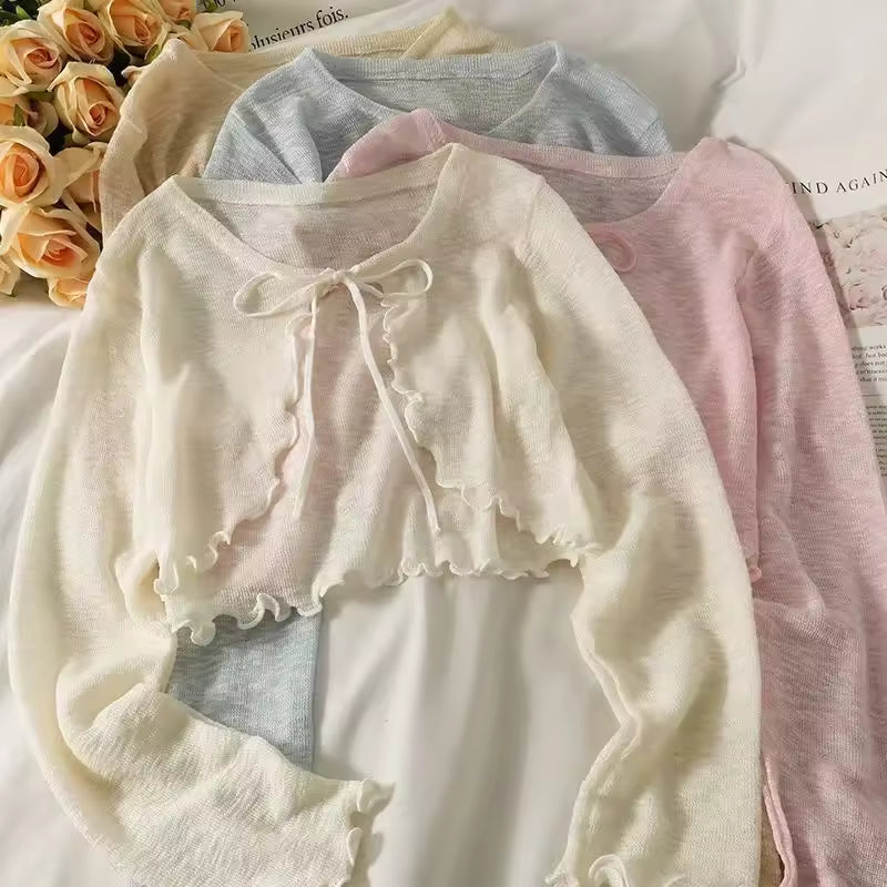 Women’s Bow Lace-Up Crop Cardigan – Korean Style