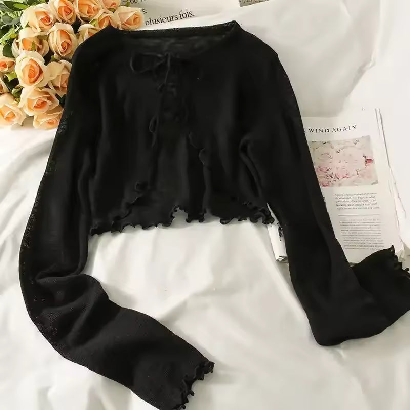 Women’s Bow Lace-Up Crop Cardigan – Korean Style