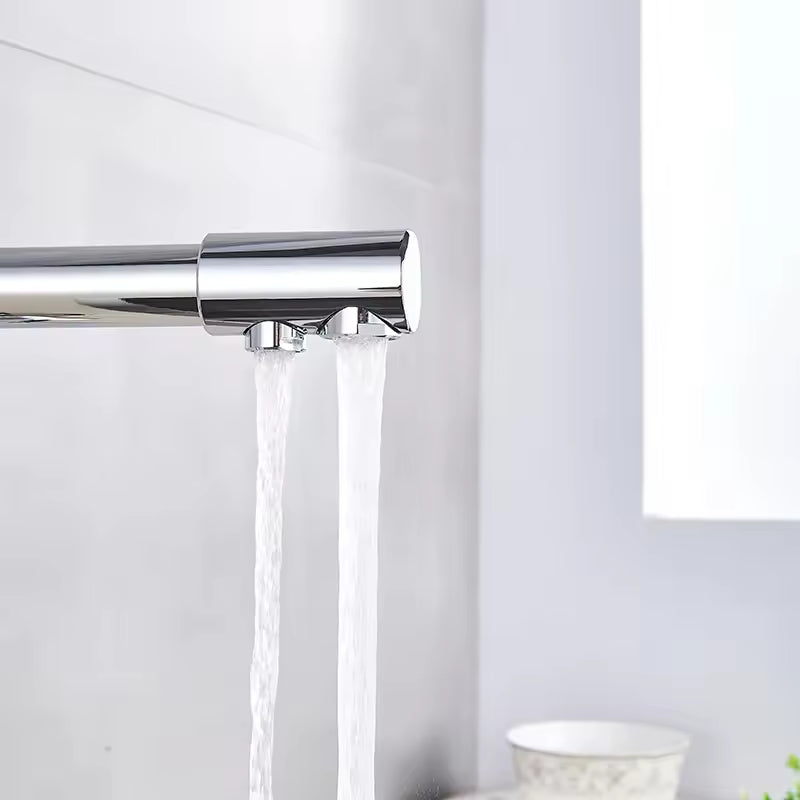 Chrome Kitchen Faucet Double Swivel Spout