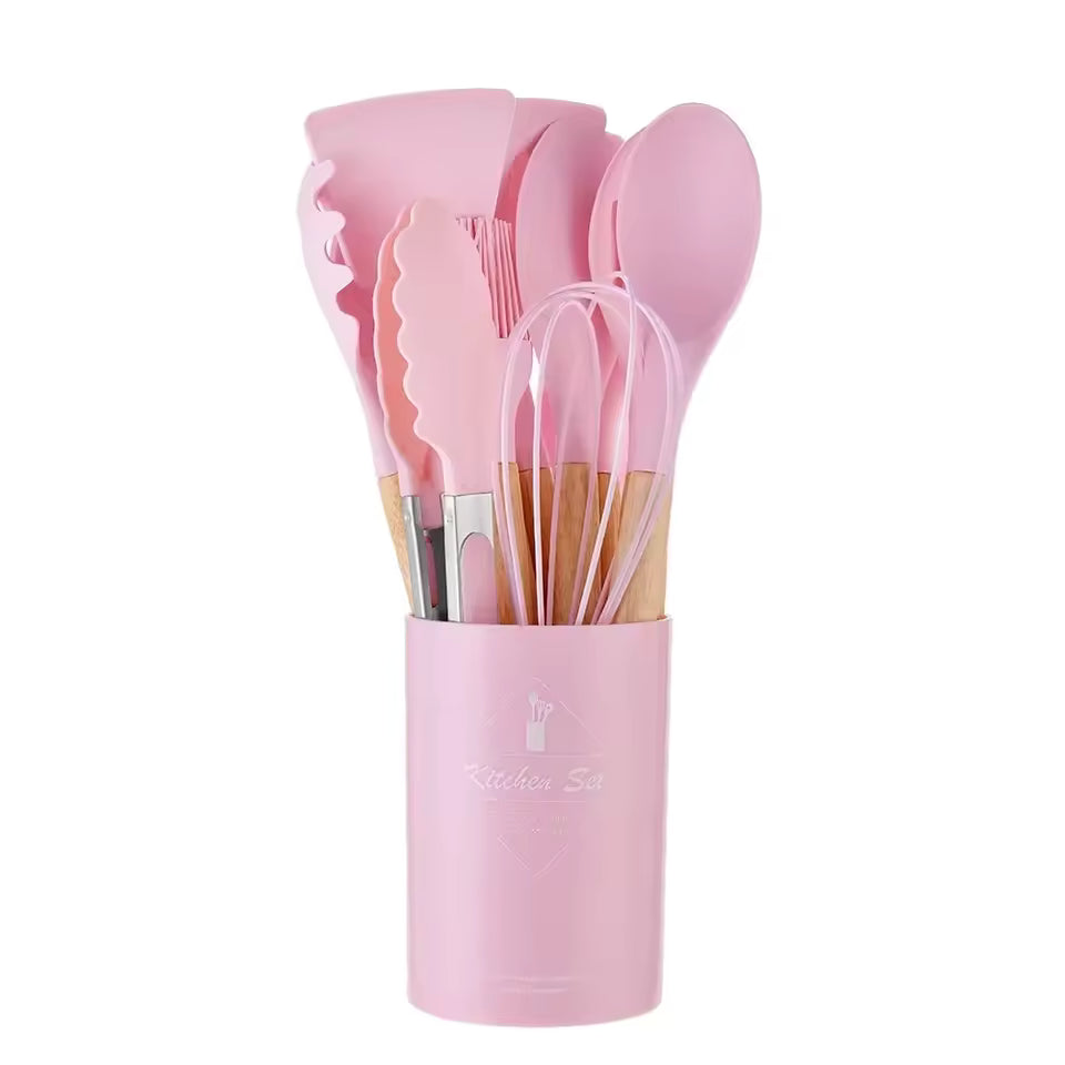 12PCS Silicone Kitchen Utensil Set with Wooden Handles