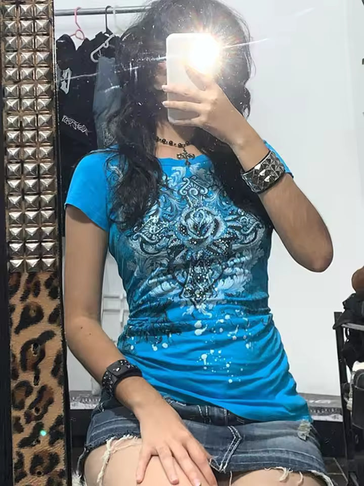 Women’s Y2K Grunge Rhinestone Heart Rose T-Shirt
