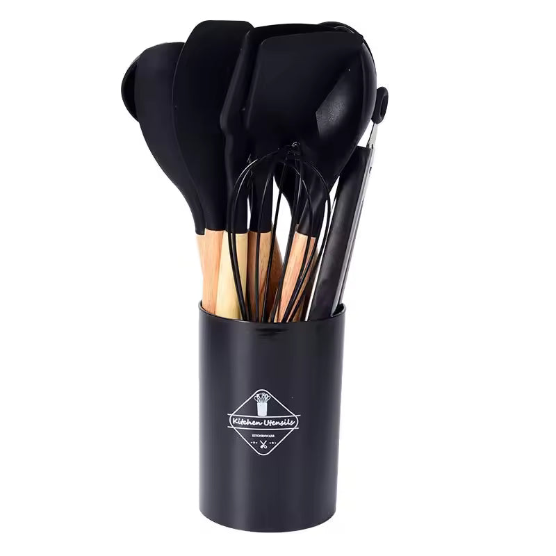 12PCS Silicone Kitchen Utensil Set with Wooden Handles