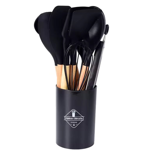 12PCS Silicone Kitchen Utensil Set with Wooden Handles