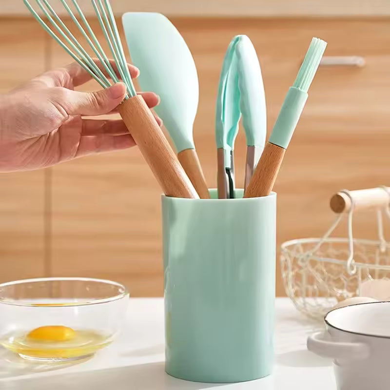 12PCS Silicone Kitchen Utensil Set with Wooden Handles