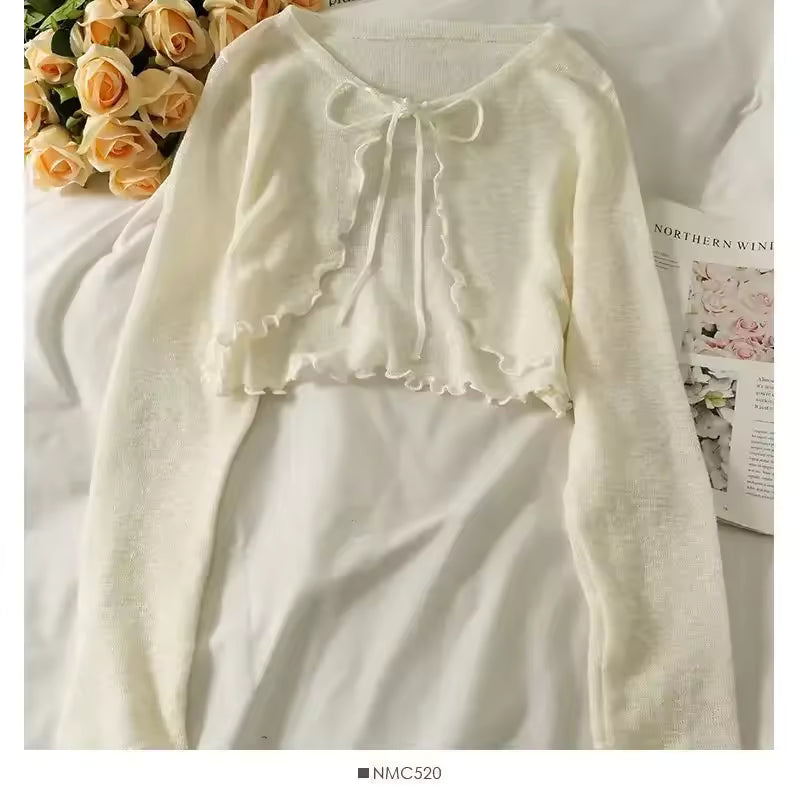 Women’s Bow Lace-Up Crop Cardigan – Korean Style
