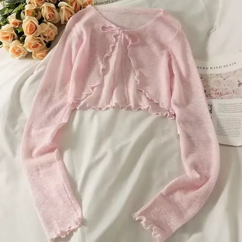 Women’s Bow Lace-Up Crop Cardigan – Korean Style