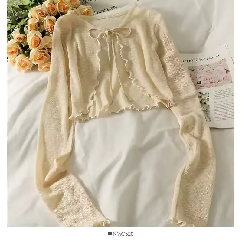 Women’s Bow Lace-Up Crop Cardigan – Korean Style