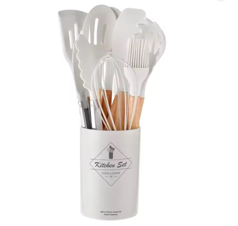 12PCS Silicone Kitchen Utensil Set with Wooden Handles