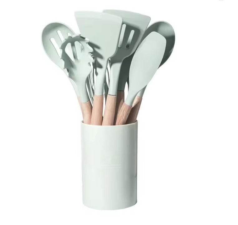 12PCS Silicone Kitchen Utensil Set with Wooden Handles
