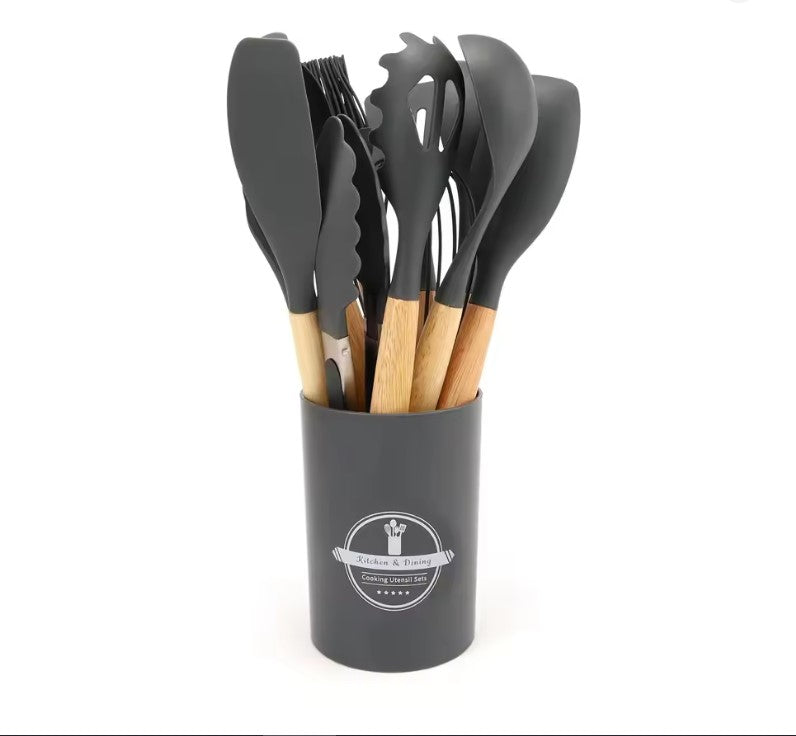 12PCS Silicone Kitchen Utensil Set with Wooden Handles