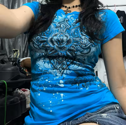 Women’s Y2K Grunge Rhinestone Heart Rose T-Shirt