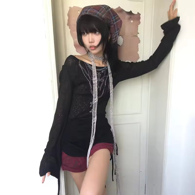 Women’s Y2K Tattoo Print Knitted Top