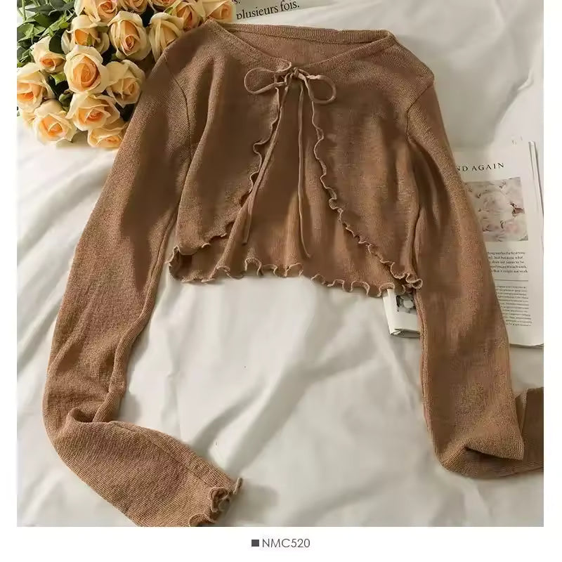 Women’s Bow Lace-Up Crop Cardigan – Korean Style