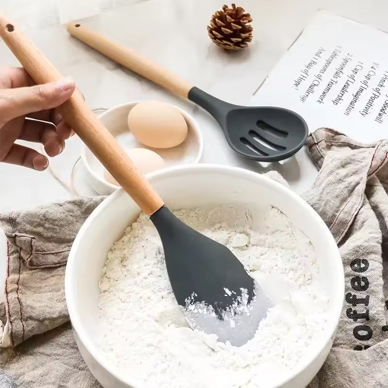 12PCS Silicone Kitchen Utensil Set with Wooden Handles