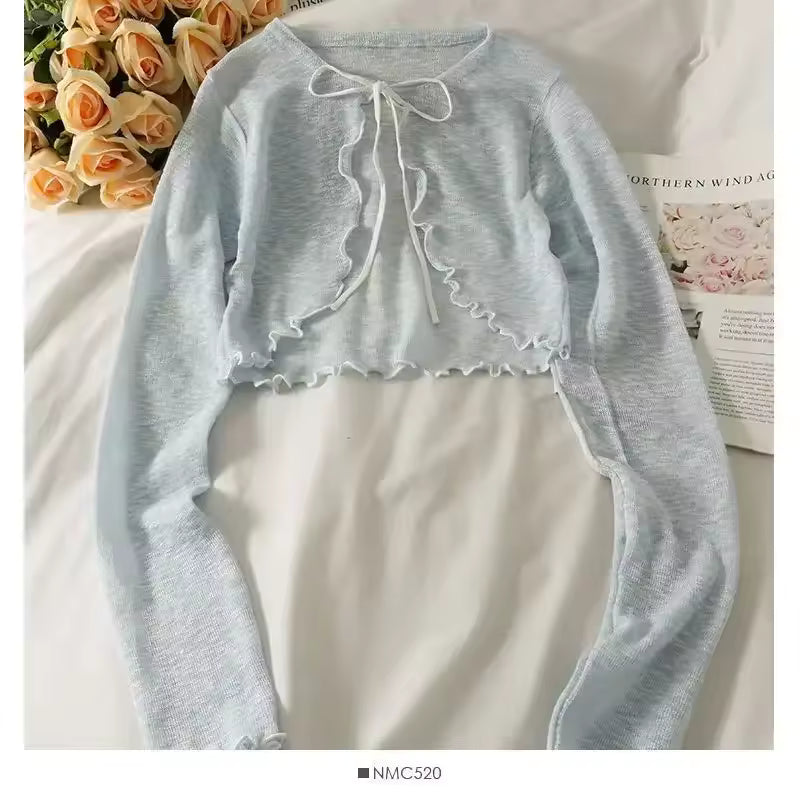 Women’s Bow Lace-Up Crop Cardigan – Korean Style