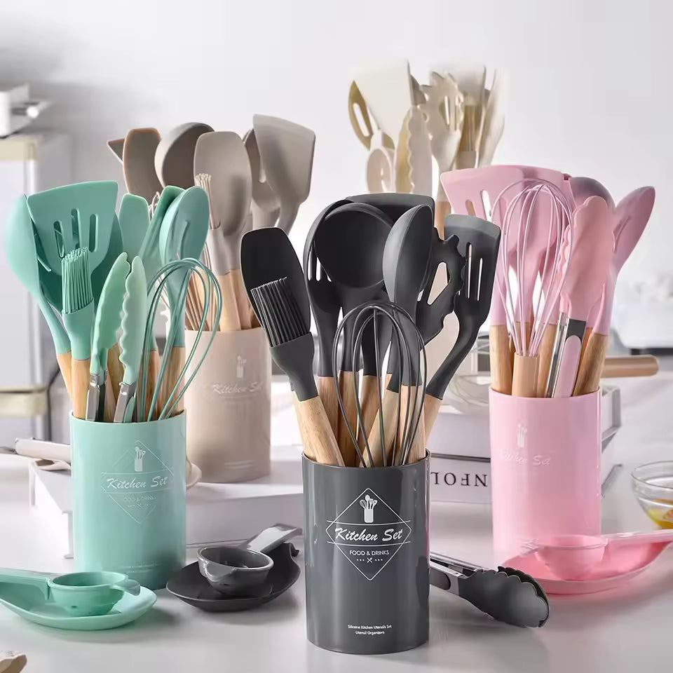 12PCS Silicone Kitchen Utensil Set with Wooden Handles