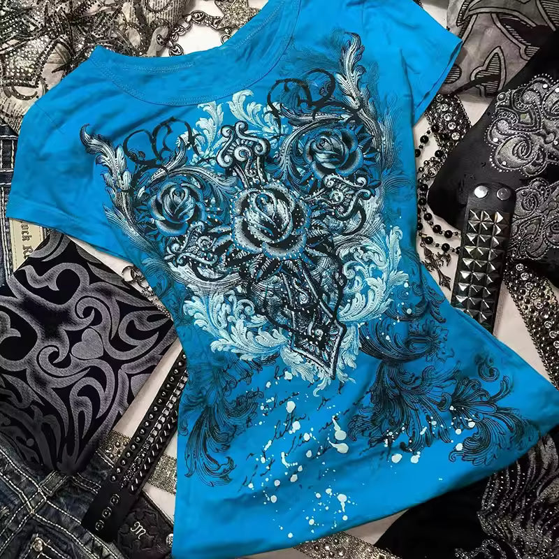Women’s Y2K Grunge Rhinestone Heart Rose T-Shirt